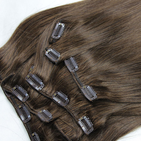 #4 Brown Color PU Clip in & Weft Classic Clip in Extensions Human Virgin Hair 8 pcs 120 grams